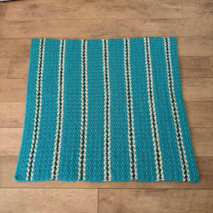 Teal White Striped Crochet Knit Twin Blanket